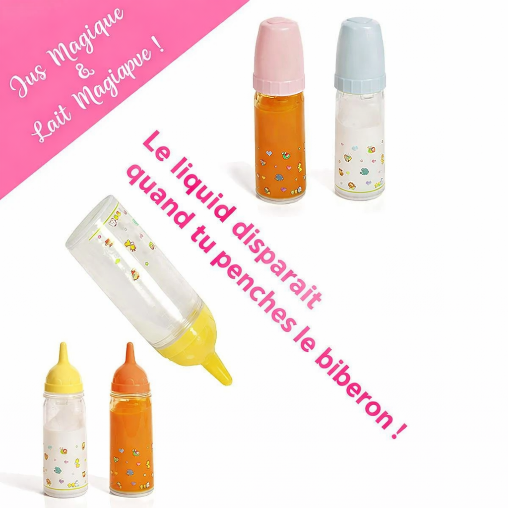 Biberons Magiques pour Poupée – Ensemble de 2 Biberons Reborn avec Lait et Jus Magique