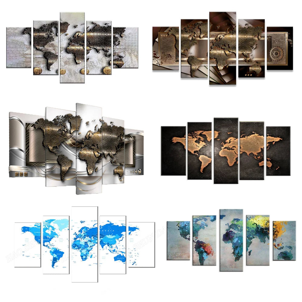 Art mural Carte du monde avec cadre 5pcs
