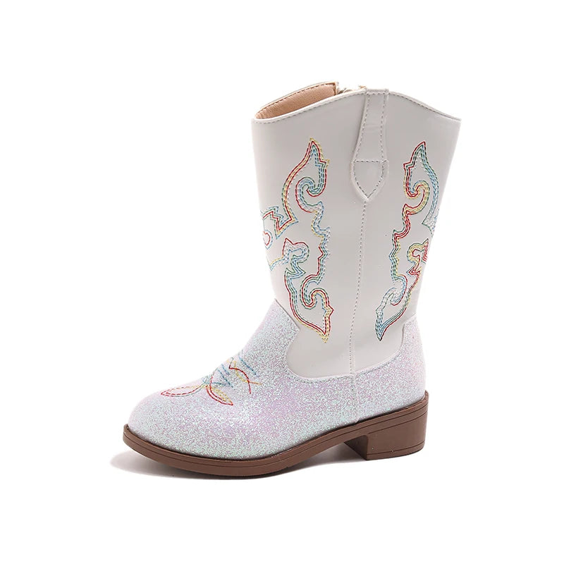 Bottes western hautes pour enfant en cuir PU – Broderies cowboy
