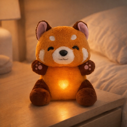 Peluche respirante lumineuse panda roux posée sur table de chevet dans une chambre douce