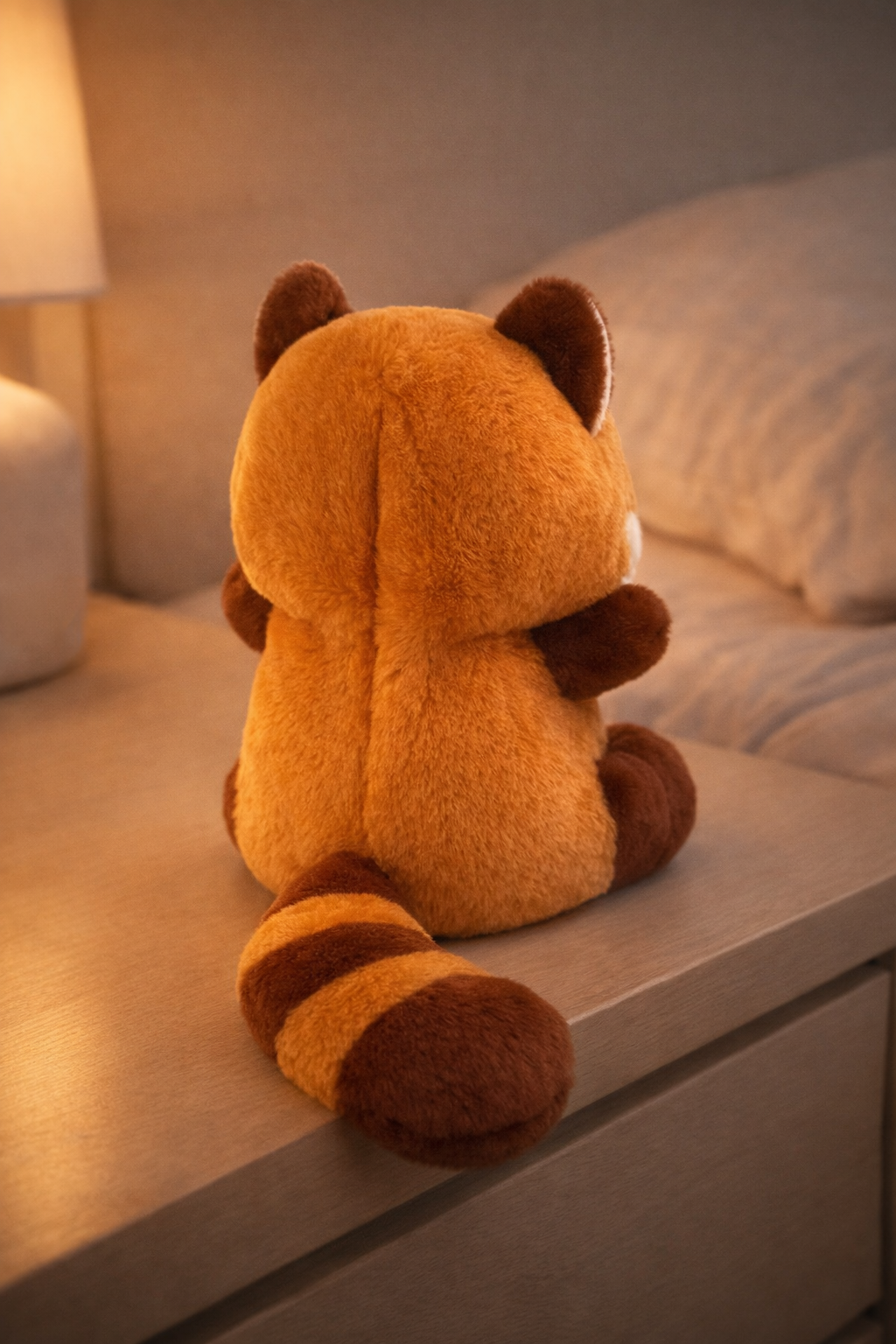 Vue arrière peluche panda roux respirante lumineuse sur table de chevet bois clair