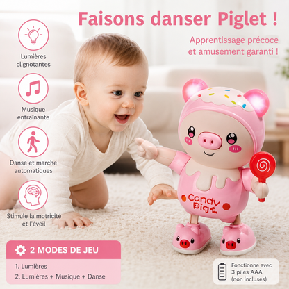 

Jouet cochon dansant lumineux rose et bleu avec musique, oreilles éclairées et sucette, présenté sur une scène avec des notes de musique colorées. Jouet interactif éducatif pour bébé et jeune enfant favorisant l'éveil sensoriel et le divertissement.
