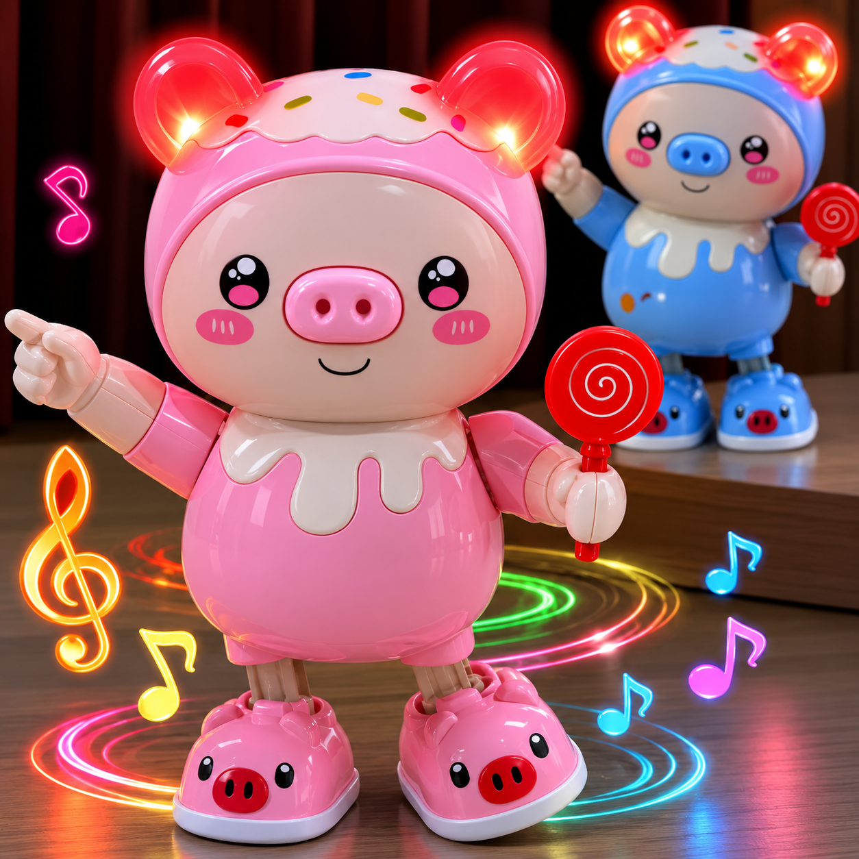 

Jouet cochon dansant lumineux rose et bleu avec musique, oreilles éclairées et sucette, présenté sur une scène avec des notes de musique colorées. Jouet interactif éducatif pour bébé et jeune enfant favorisant l'éveil sensoriel et le divertissement.
