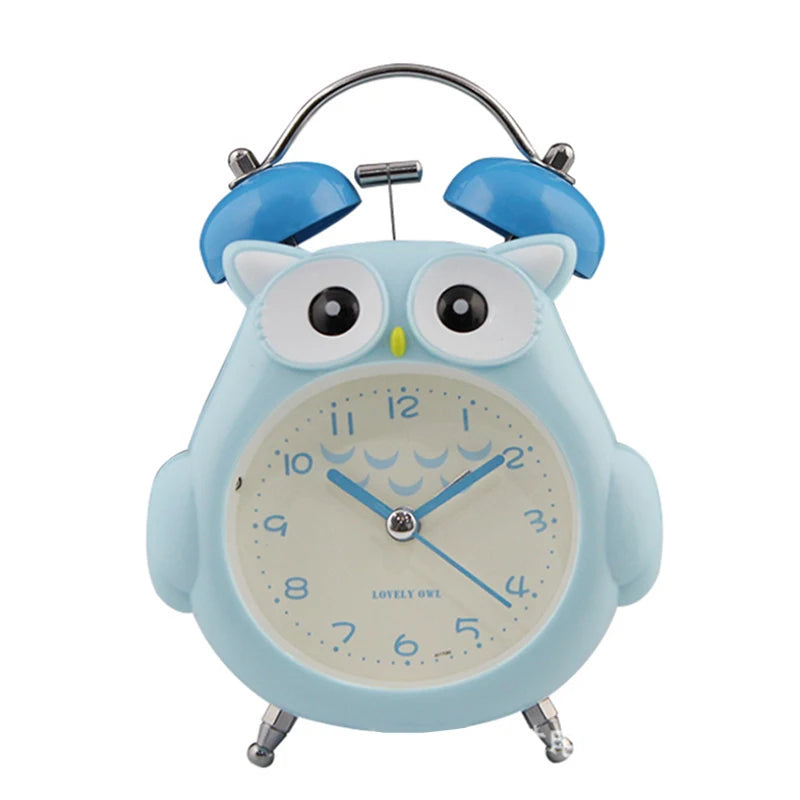 Réveil enfant hibou bleu analogique avec design mignon, horloge décorative pour chambre.