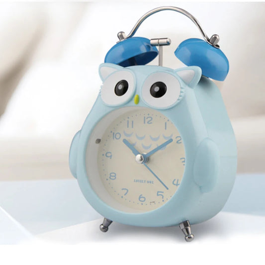 Réveil enfant hibou bleu analogique avec design mignon, horloge décorative pour chambre.