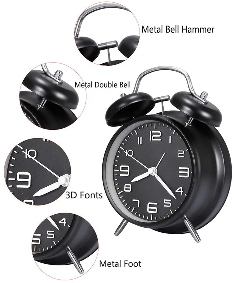 reveil vintage double cloche horloge classique retro eclairage silencieux