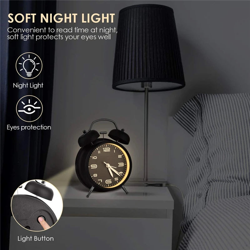 Réveil Vintage Double Cloche – Horloge Classique Silencieuse avec Rétroéclairage