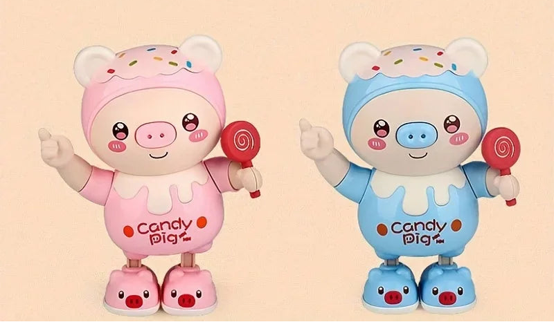 Jouet cochon dansant lumineux rose et bleu avec musique, oreilles éclairées et sucette, présenté sur une scène avec des notes de musique colorées. Jouet interactif éducatif pour bébé et jeune enfant favorisant l'éveil sensoriel et le divertissement.