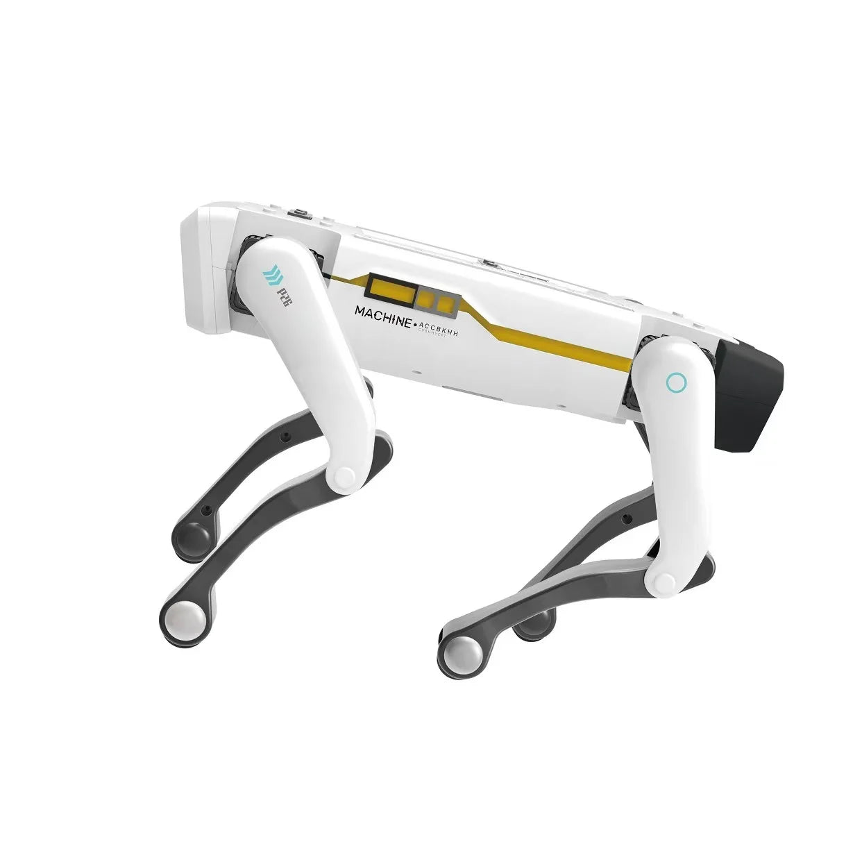 Robot chien intelligent blanc avec pince frontale, dimensions 36 cm x 16 cm x 25 cm, présenté sur fond blanc avec télécommande incluse
