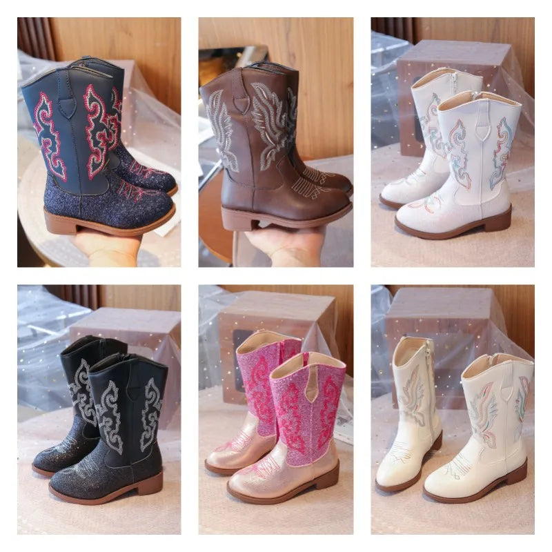 Bottes western hautes pour enfant en cuir PU – Broderies cowboy