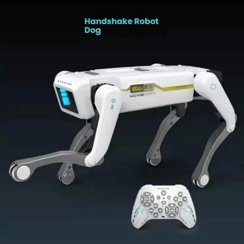 Robot chien intelligent blanc avec pince frontale, dimensions 36 cm x 16 cm x 25 cm, présenté sur fond blanc avec télécommande incluse