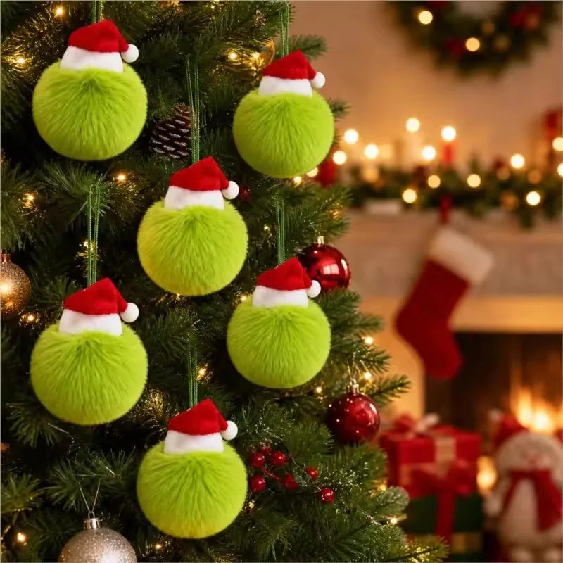 Lot de 12 Boules de Noël Elf en Peluche Verte avec Chapeau Rouge