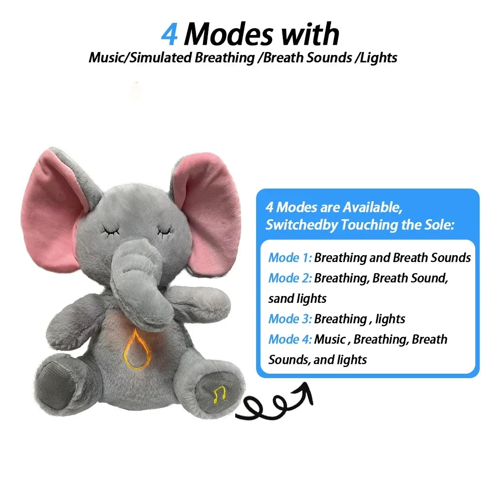Peluche éléphant respirante pour bébé avec musique apaisante et lumière douce