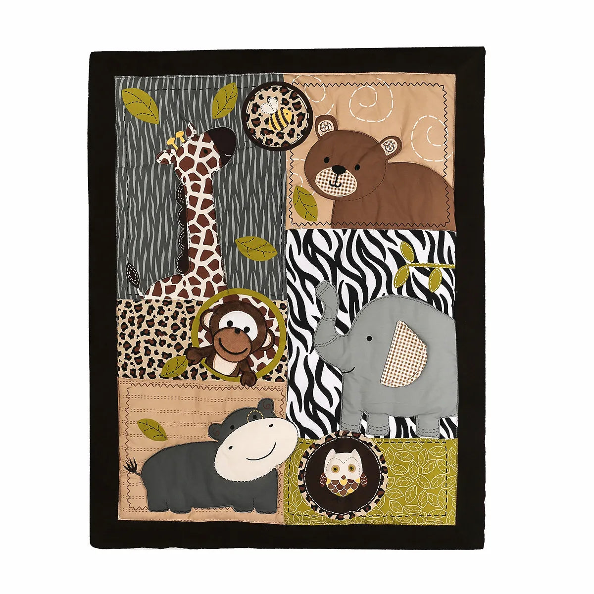 Ensemble de literie jungle brodée pour bébé avec animaux safari comprenant une douillette, un drap contour et une jupe de lit pour bassinette.