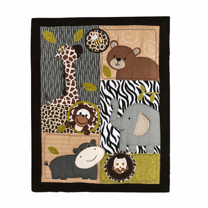 Ensemble de literie jungle brodée pour bébé avec animaux safari comprenant une douillette, un drap contour et une jupe de lit pour bassinette.