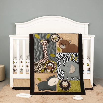 Ensemble de literie jungle brodée pour bébé avec animaux safari comprenant une douillette, un drap contour et une jupe de lit pour bassinette.