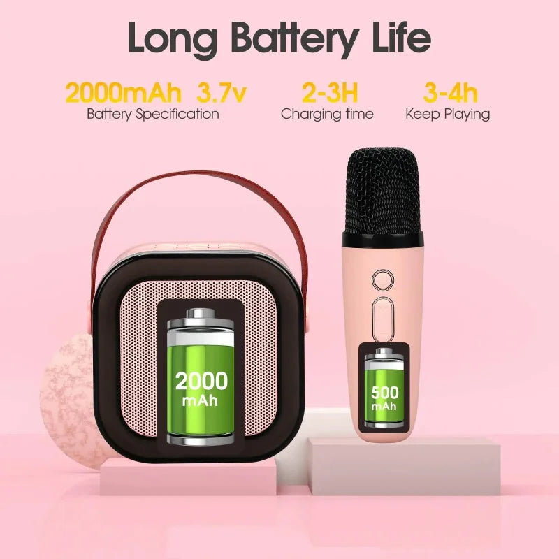Machine karaoké portable avec haut-parleur Bluetooth LED multicolore et deux microphones sans fil, design compact avec poignée, idéale pour enfants et soirées.