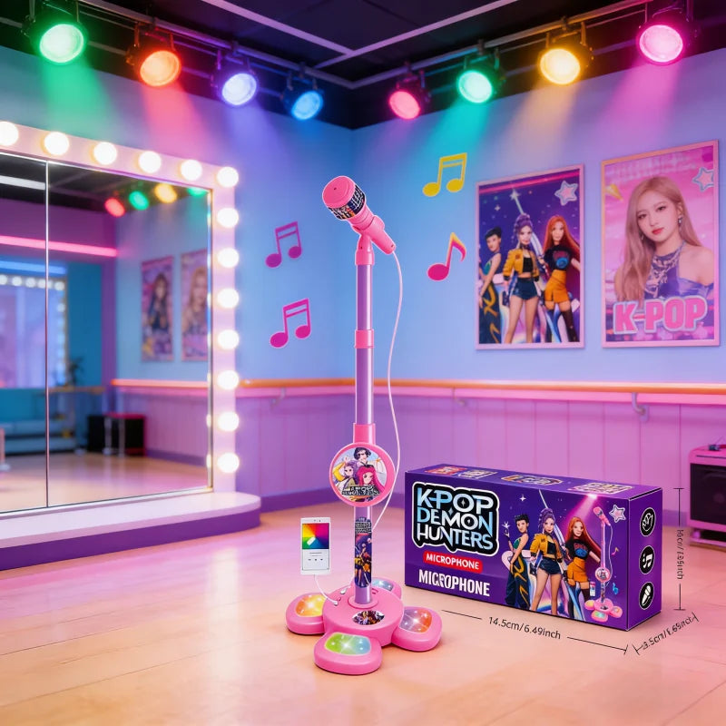 Micro karaoké enfant rose avec support lumineux, jouet musical interactif avec lumières LED colorées et microphone pour chanter à la maison.