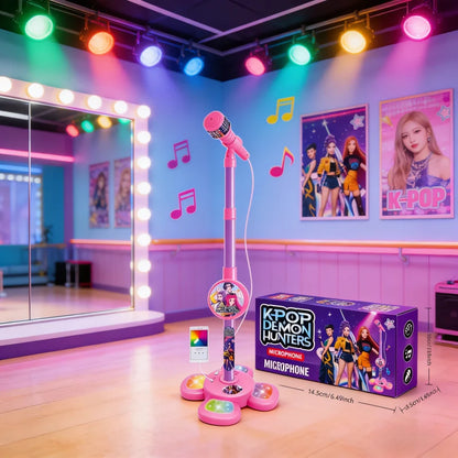 Micro karaoké enfant rose avec support lumineux, jouet musical interactif avec lumières LED colorées et microphone pour chanter à la maison.