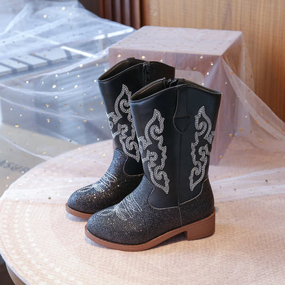 Bottes western hautes pour enfant en cuir PU – Broderies cowboy