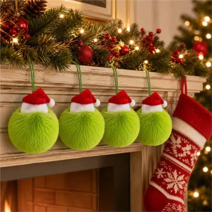 Lot de 12 Boules de Noël Elf en Peluche Verte avec Chapeau Rouge