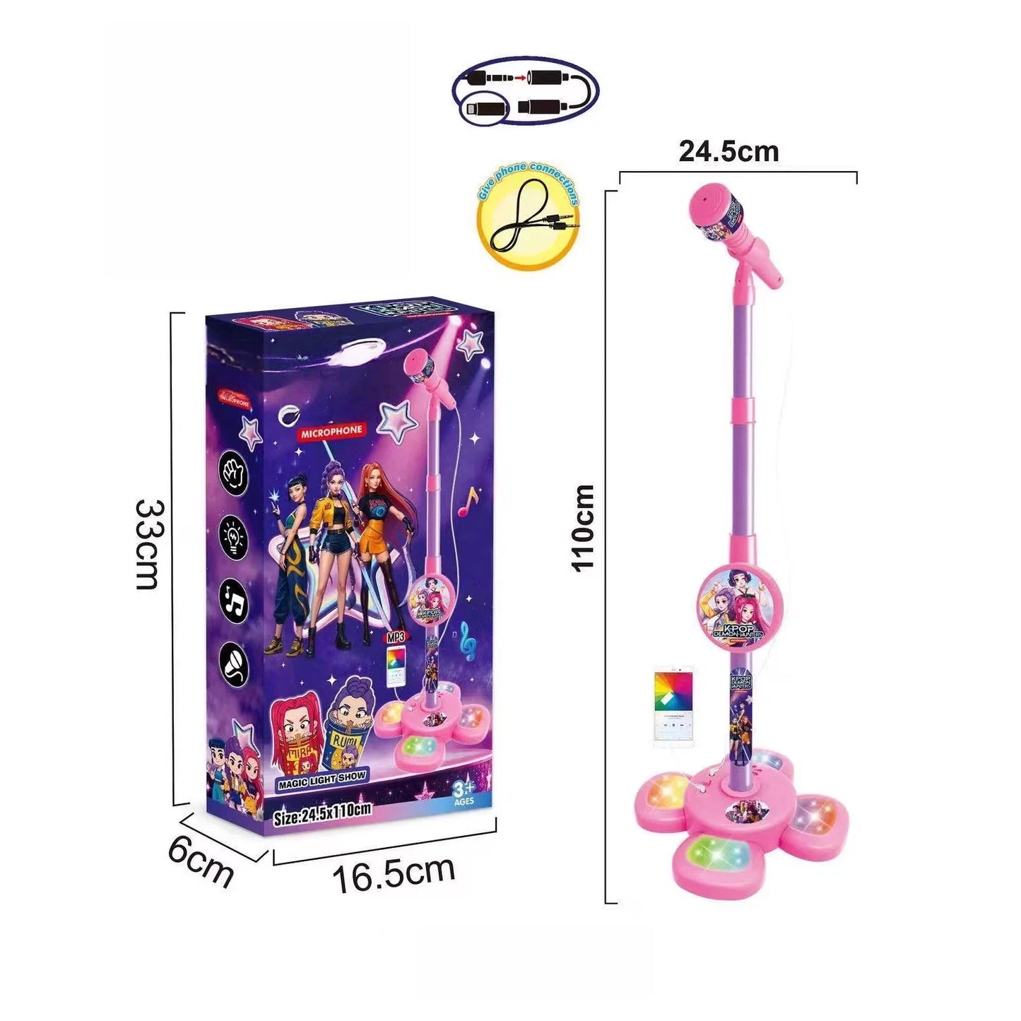 Micro karaoké enfant rose avec support lumineux, jouet musical interactif avec lumières LED colorées et microphone pour chanter à la maison.