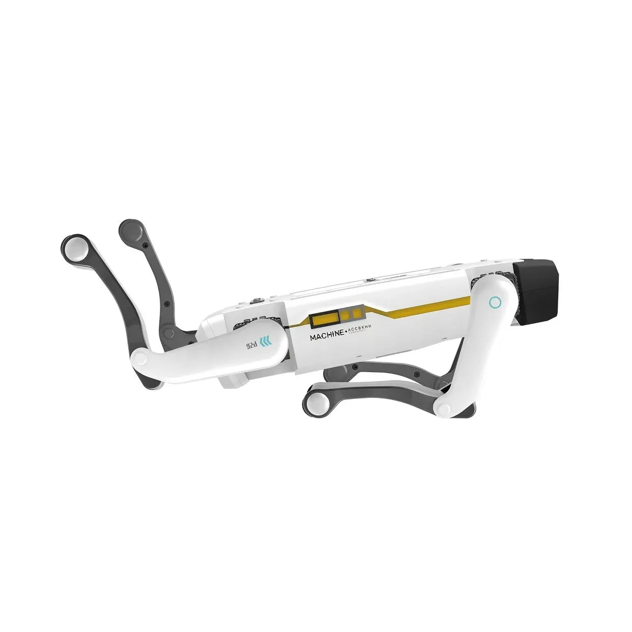 Robot chien intelligent blanc avec pince frontale, dimensions 36 cm x 16 cm x 25 cm, présenté sur fond blanc avec télécommande incluse
