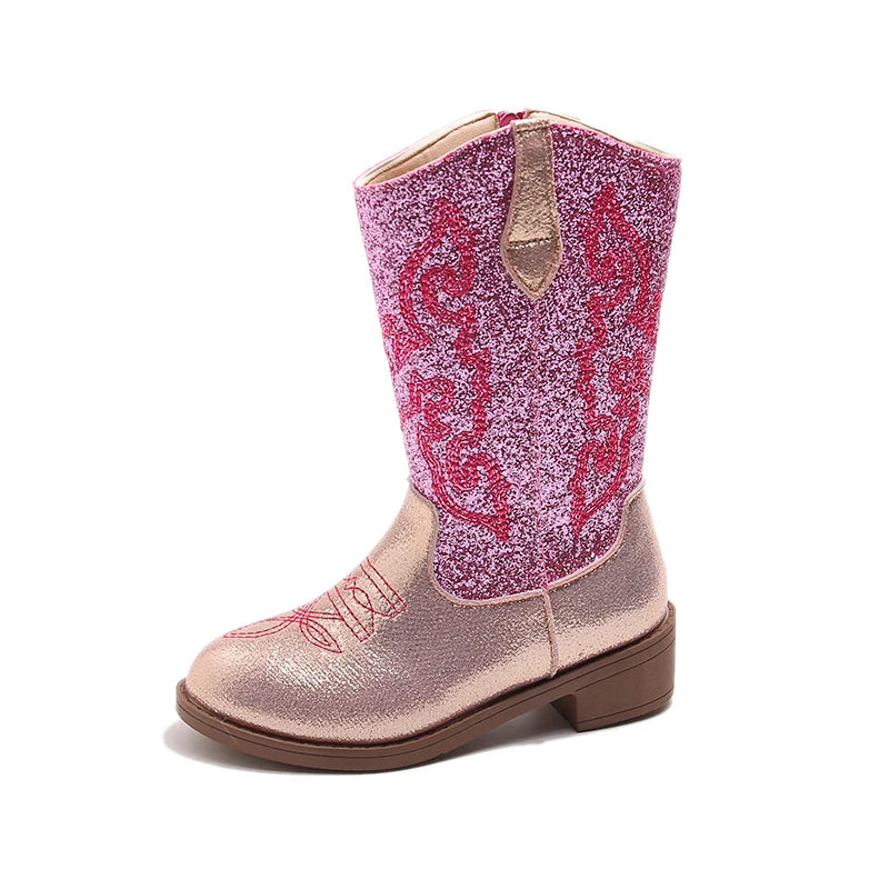 Bottes western hautes pour enfant en cuir PU – Broderies cowboy