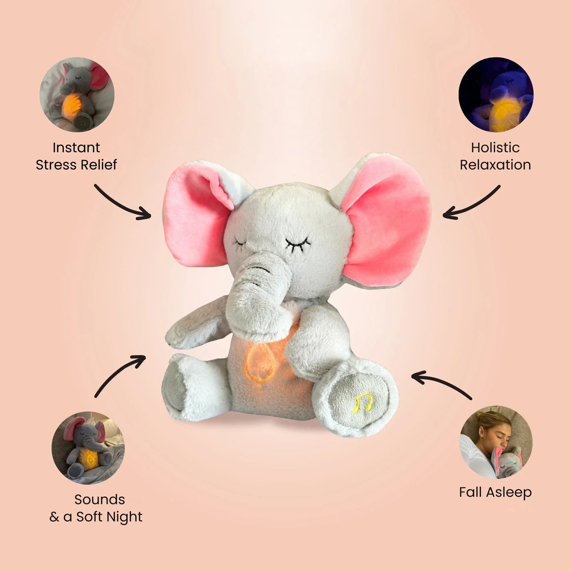 Peluche éléphant respirante pour bébé avec musique apaisante et lumière douce