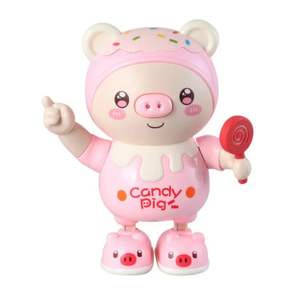 Jouet cochon dansant lumineux rose et bleu avec musique, oreilles éclairées et sucette, présenté sur une scène avec des notes de musique colorées. Jouet interactif éducatif pour bébé et jeune enfant favorisant l'éveil sensoriel et le divertissement.