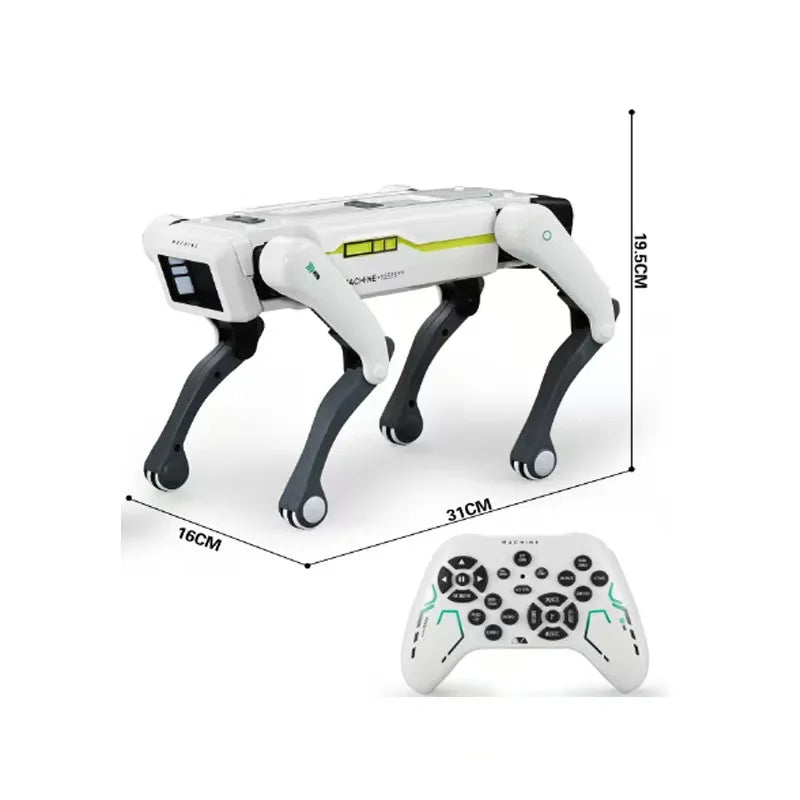 Robot chien intelligent blanc avec pince frontale, dimensions 36 cm x 16 cm x 25 cm, présenté sur fond blanc avec télécommande incluse