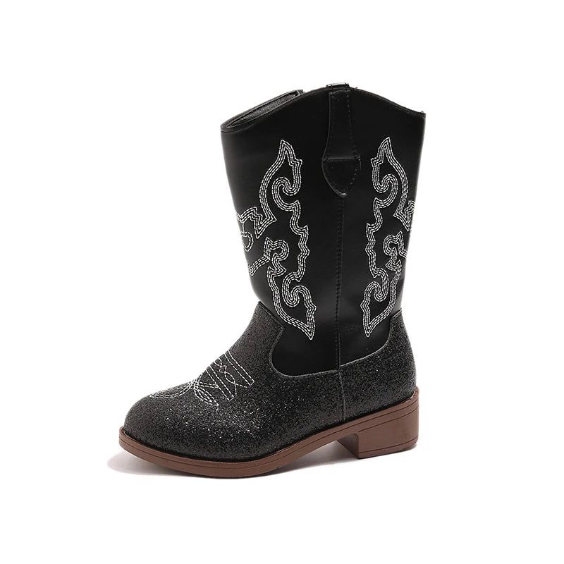 Bottes western hautes pour enfant en cuir PU – Broderies cowboy