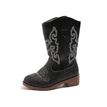 Bottes western hautes pour enfant en cuir PU – Broderies cowboy