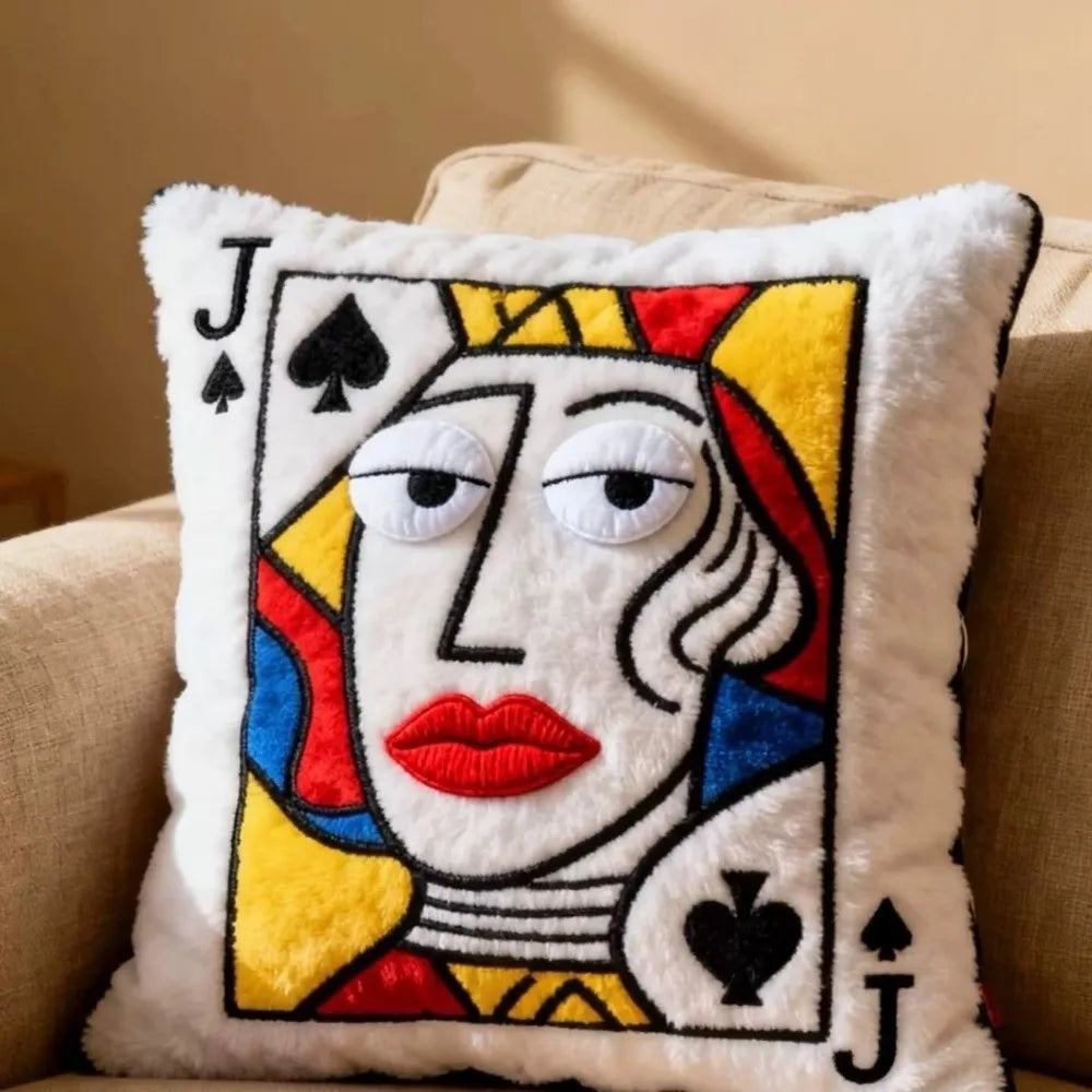 Coussin décoratif cartes à jouer – Modèle brodé doux style vintage pour salon