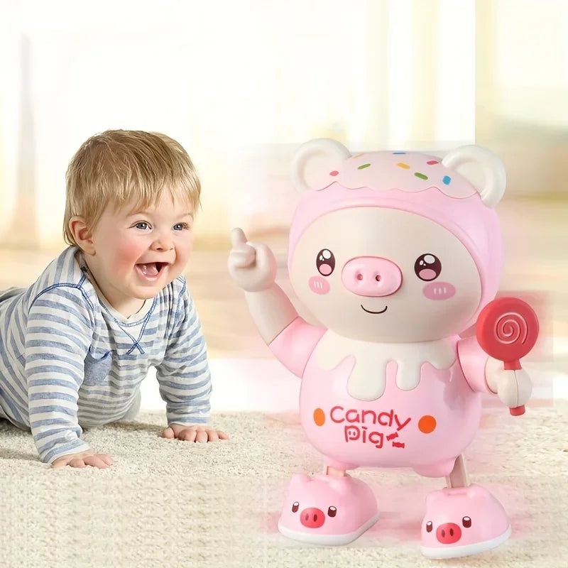Jouet cochon dansant lumineux rose et bleu avec musique, oreilles éclairées et sucette, présenté sur une scène avec des notes de musique colorées. Jouet interactif éducatif pour bébé et jeune enfant favorisant l'éveil sensoriel et le divertissement.