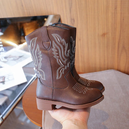 Bottes western hautes pour enfant en cuir PU – Broderies cowboy