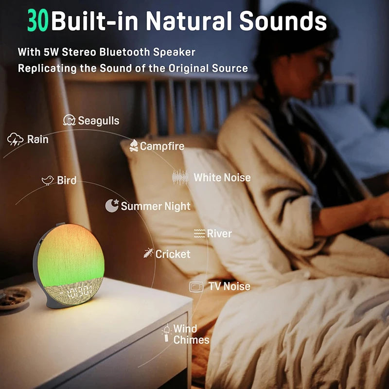 Réveil Lumineux Simulateur d’Aube – Lampe LED Multicolore avec Sons Relaxants