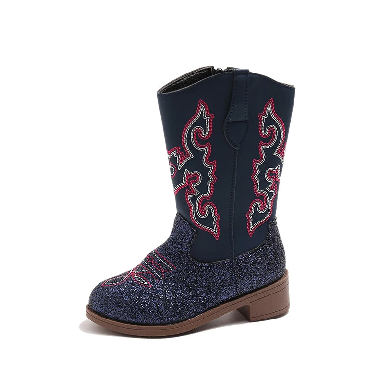 Bottes western hautes pour enfant en cuir PU – Broderies cowboy