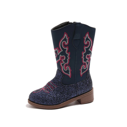 Bottes western hautes pour enfant en cuir PU – Broderies cowboy