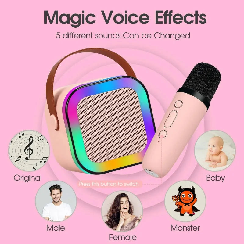 Machine karaoké portable avec haut-parleur Bluetooth LED multicolore et deux microphones sans fil, design compact avec poignée, idéale pour enfants et soirées.