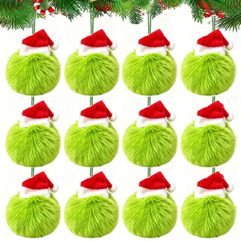 Lot de 12 Boules de Noël Elf en Peluche Verte avec Chapeau Rouge