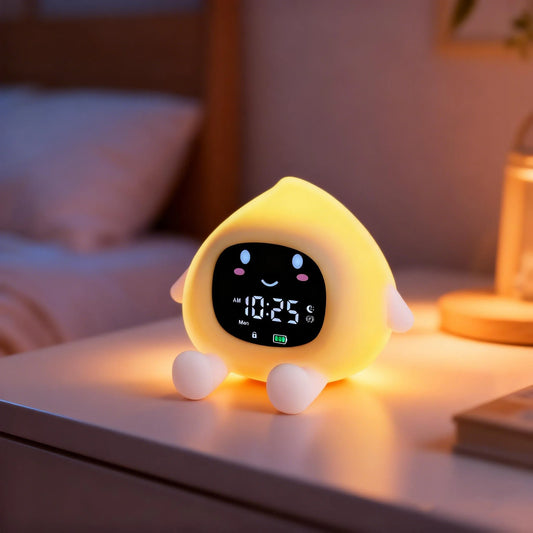 Réveil enfant veilleuse LED en forme kawaii avec lumière douce et écran digital sur table de nuit.