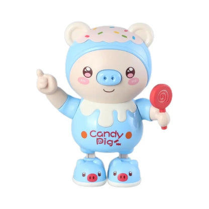Jouet cochon dansant lumineux rose et bleu avec musique, oreilles éclairées et sucette, présenté sur une scène avec des notes de musique colorées. Jouet interactif éducatif pour bébé et jeune enfant favorisant l'éveil sensoriel et le divertissement.
