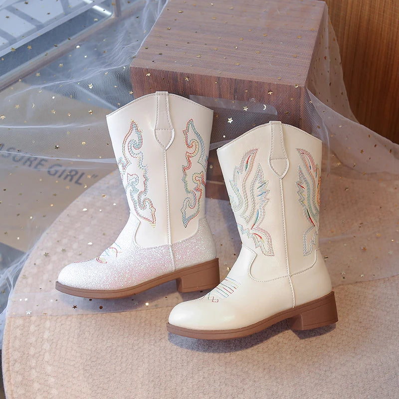 Bottes western hautes pour enfant en cuir PU – Broderies cowboy