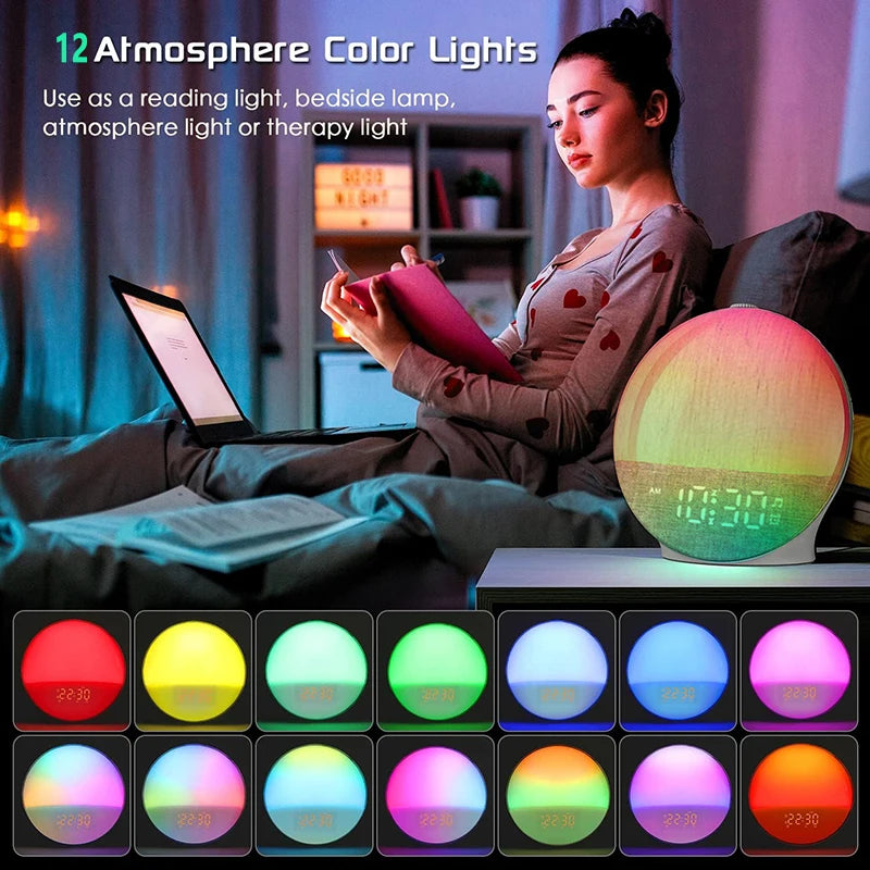 Réveil Lumineux Simulateur d’Aube – Lampe LED Multicolore avec Sons Relaxants
