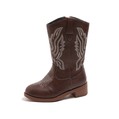 Bottes western hautes pour enfant en cuir PU – Broderies cowboy