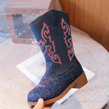 Bottes western hautes pour enfant en cuir PU – Broderies cowboy