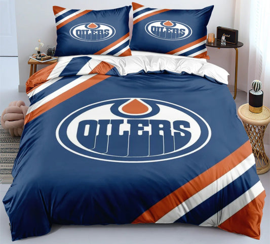 Housse de couette Edmonton hockey team bleu et orange avec logo style équipe de hockey, ensemble de literie pour fans de hockey.