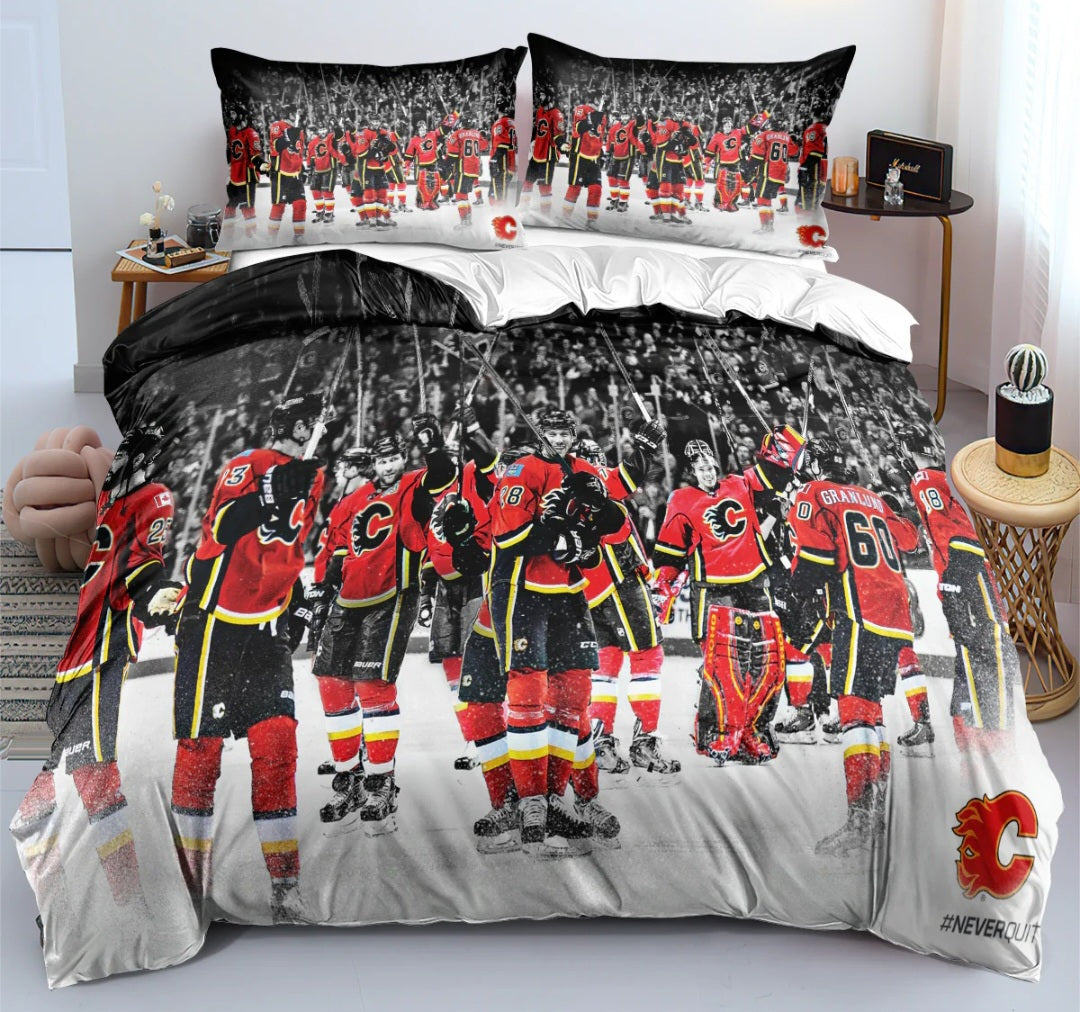 Housse de couette Calgary hockey team rouge avec logo style équipe de hockey, ensemble de literie pour fans de hockey.