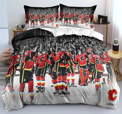 Housse de couette Calgary hockey team rouge avec logo style équipe de hockey, ensemble de literie pour fans de hockey.
